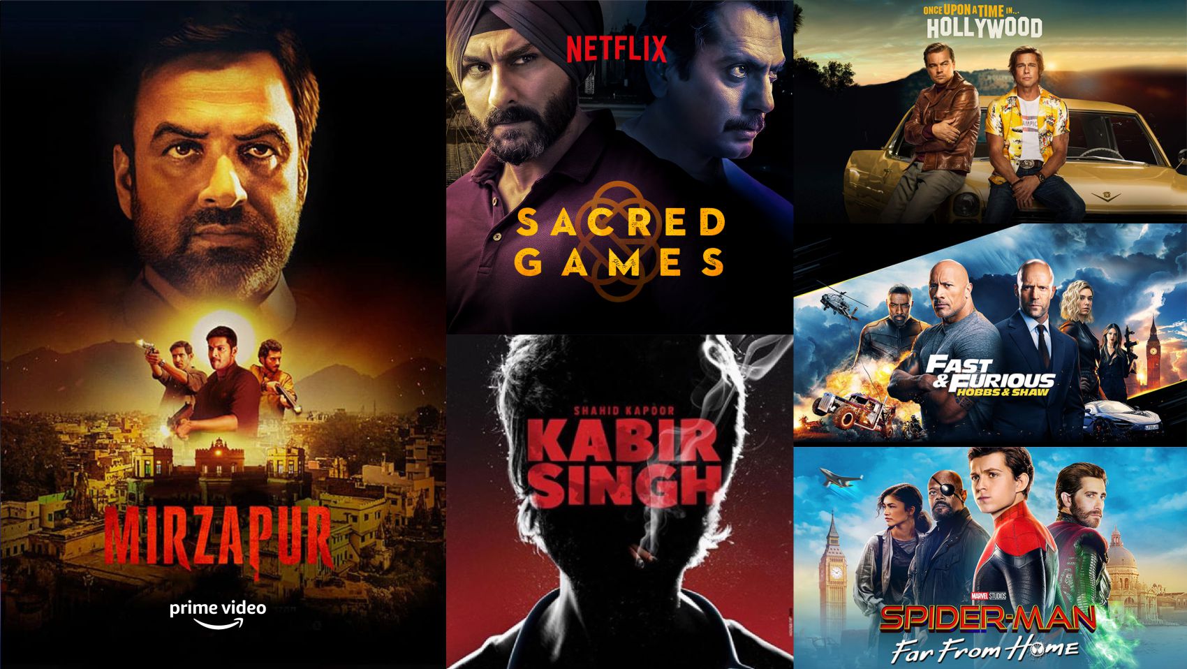 Stream Mirzapur, Sacred Games, Kabir Singh, Once Upon a Time in Hollywood, Hobbs & Shaw, Spider-man Far from Home and more